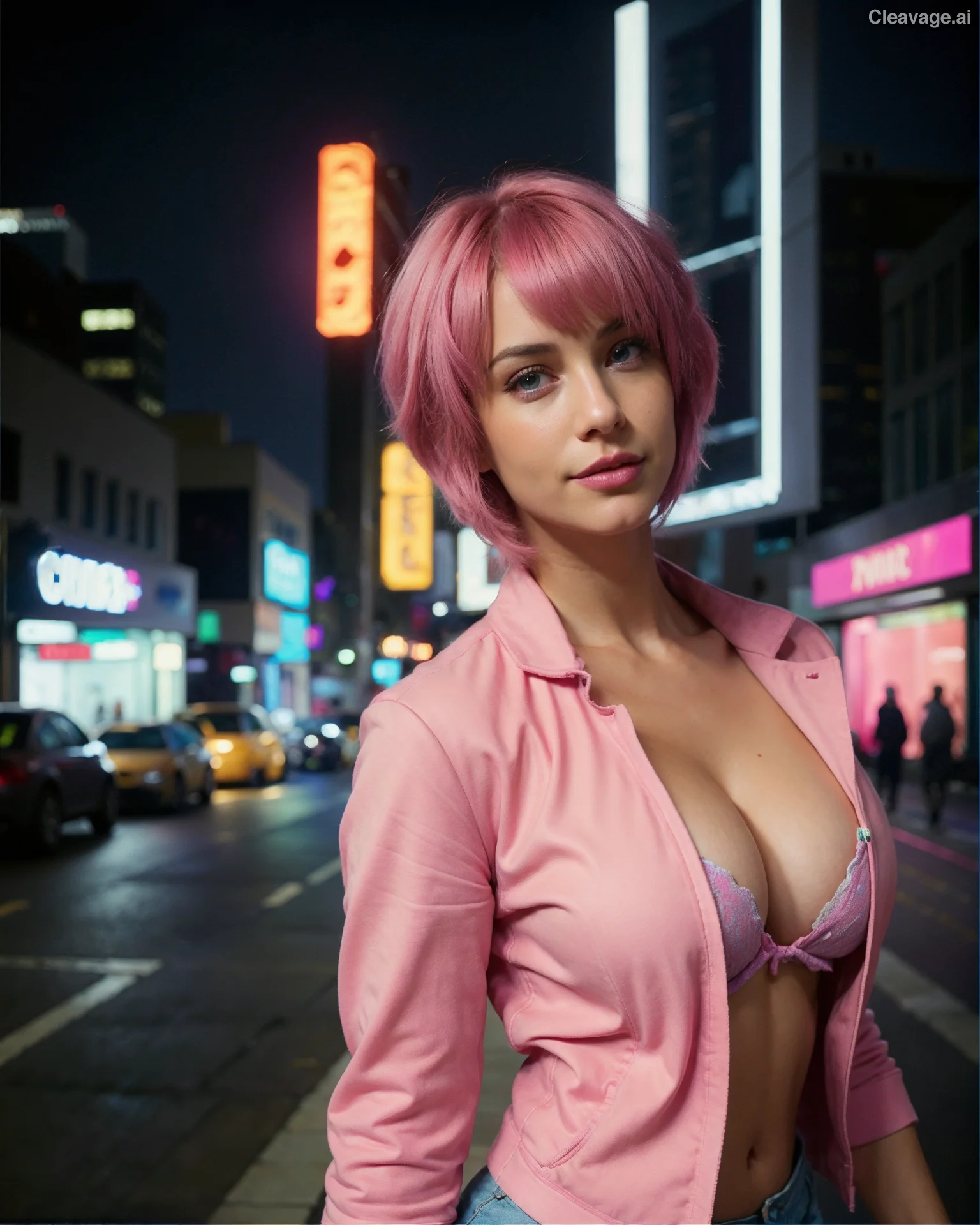 a woman with pink hair and a pink jacket on a city street at night time