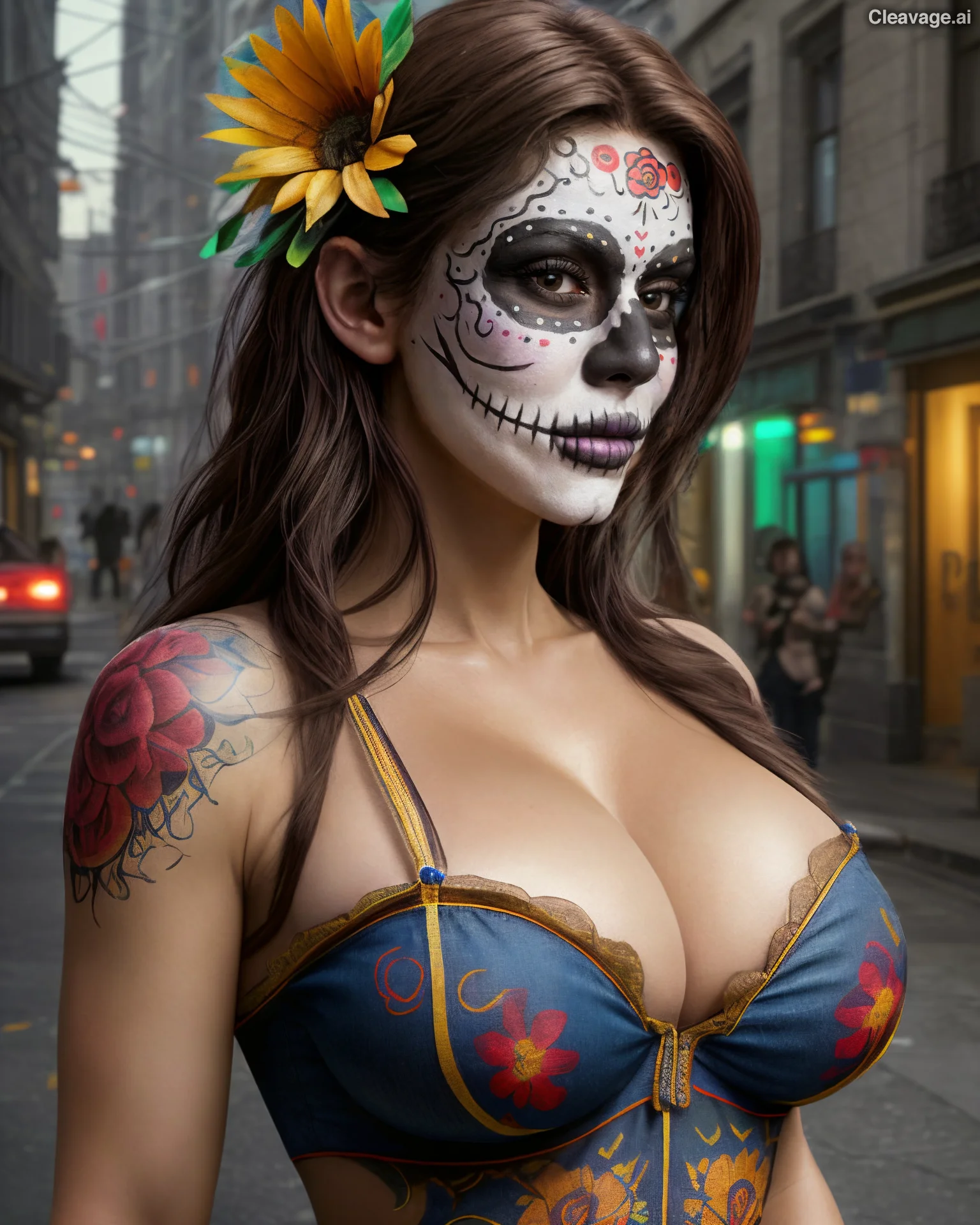 a woman in a costume with a flower in her hair celebrating Día de los Muertos, Day of the dead