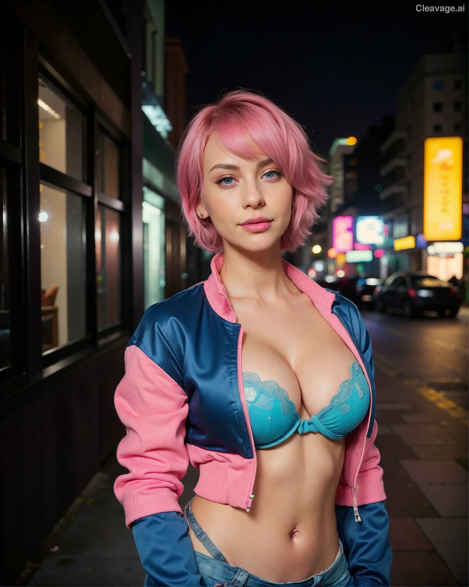 a woman with pink hair wearing a blue and pink jacket and a pink bra top