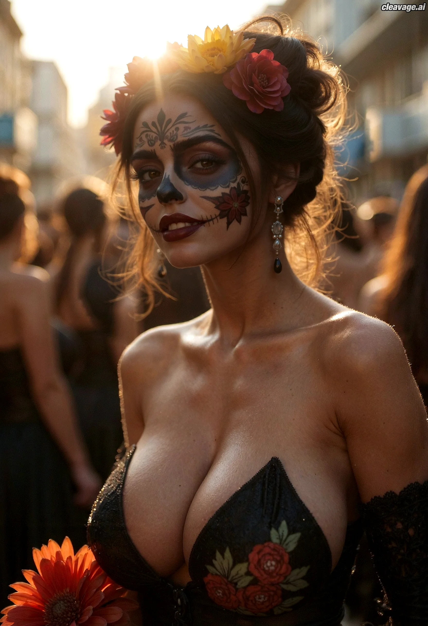 a woman with makeup and flowers in her hair